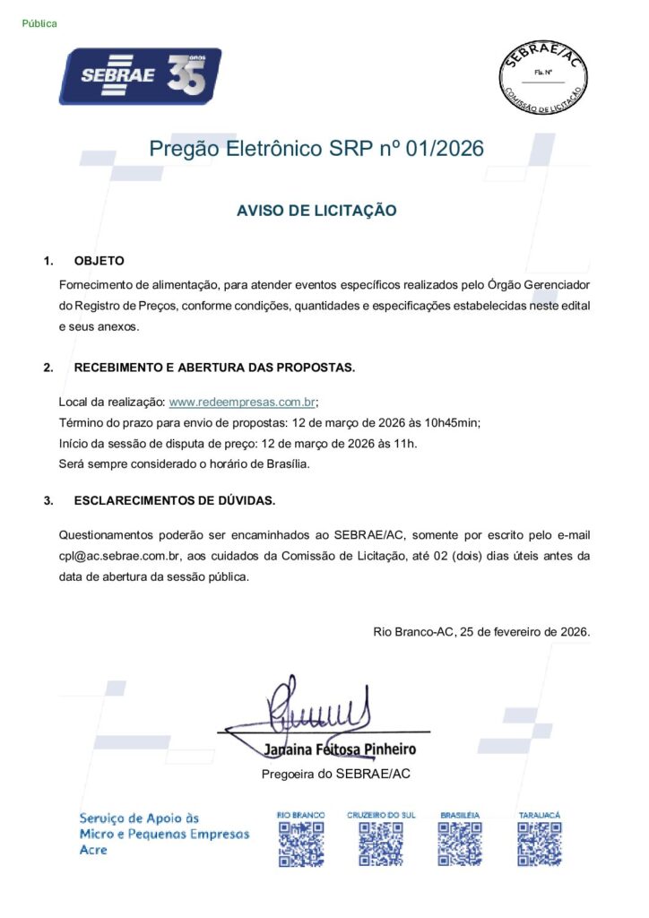 Aviso de Licitação ao Pregão Eletrônico SRP nº 01/2026