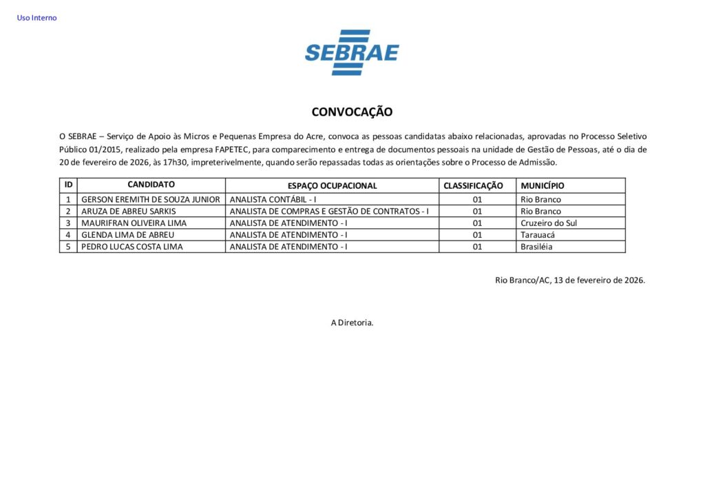 EDITAL DE CONVOCAÇÃO SEBRAE