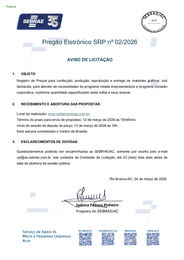 Pregão Eletrônico SRP no 02/2026 AVISO DE LICITAÇÃO