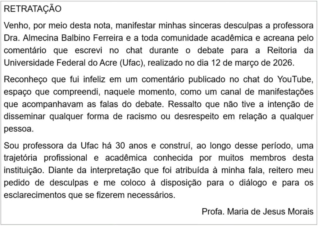 Professora da Ufac publica nota de retratação após comentário em debate para Reitoria | Cidade AC News – Notícias do Acre