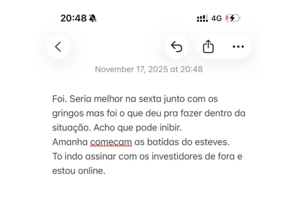 Mensagem de Vorcaro às 20h48 do dia 17 de novembro de 2025
